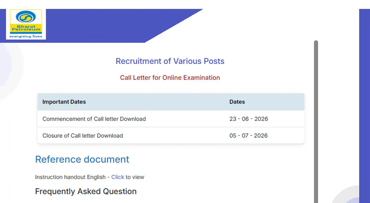 BPCL Entry Level Admit Card 2026